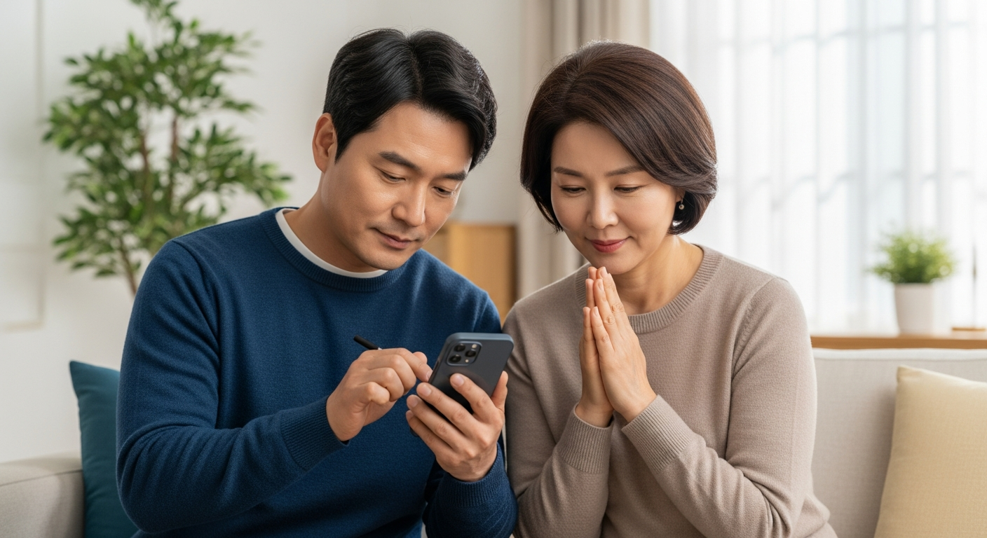 장례 후 따뜻한 조명 아래에서 스마트폰으로 감사 인사말을 작성하는 현대 한국인 남녀 - 가효상조 장례 가이드 장례 후 감사 인사말, 이것만은 꼭! (시기, 대상, 방법, 예시 완벽 가이드)