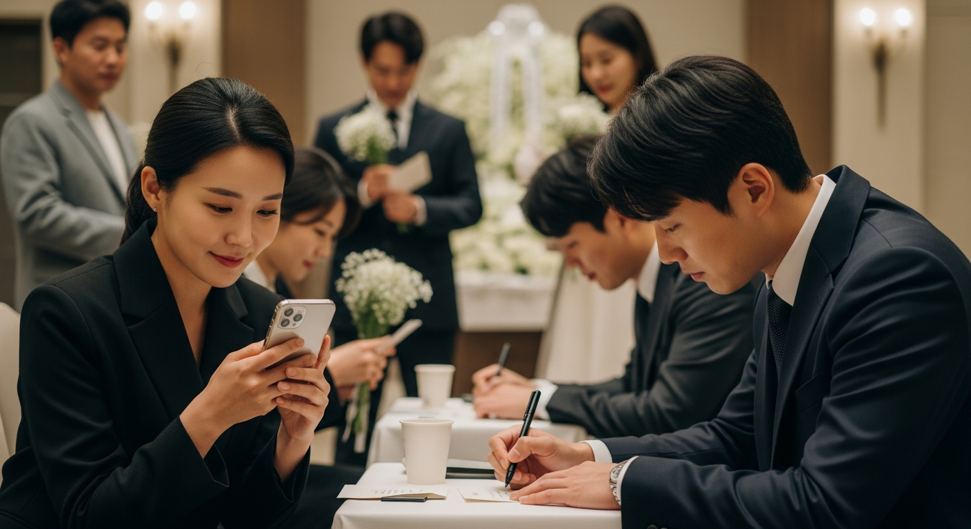 장례 후 감사 인사를 전하는 현대적인 한국인 남녀의 모습 - 가효상조 장례 가이드 장례 후 인사말 답장, 어떻게 보내야 할까요? (문구 작성 & 예절 가이드)