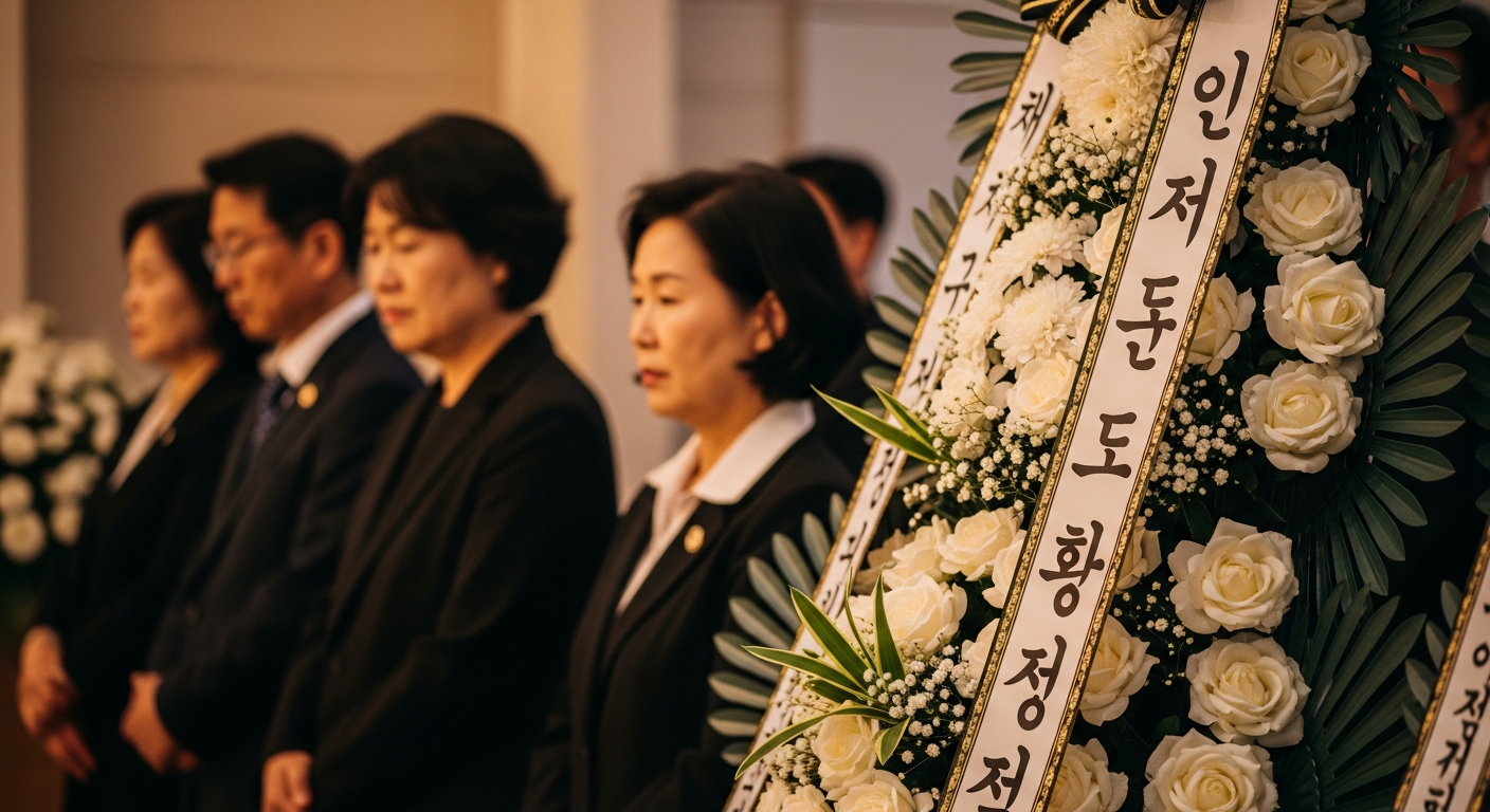 존경하는 마음을 담아 정성껏 준비된 근조 화환의 꽃과 리본 문구를 비추는 따뜻한 조명의 사진 - 가효상조 장례 가이드 장례식장 화환 문구, 누구보다 정중하고 진심 담기: 관계별/종교별 완벽 가이드