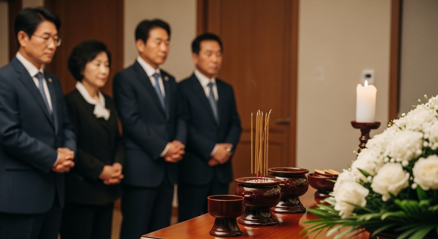 전통적인 한국의 추모 예절을 상징하는 향과 꽃꽂이 등 기념품이 놓인 고급스러운 나무 테이블을 따뜻한 조명 아래에서 클로즈업한 사진. 배경에는 현대적인 2026년 한국 남녀의 모습이 흐릿하게 담겨 있어, 어려운 시기에 제공되는 전환과 지원을 상징합니다. - 가효상조 장례 가이드 빙부상 빙모상 뜻, 정확한 호칭과 예절까지 완벽 정리