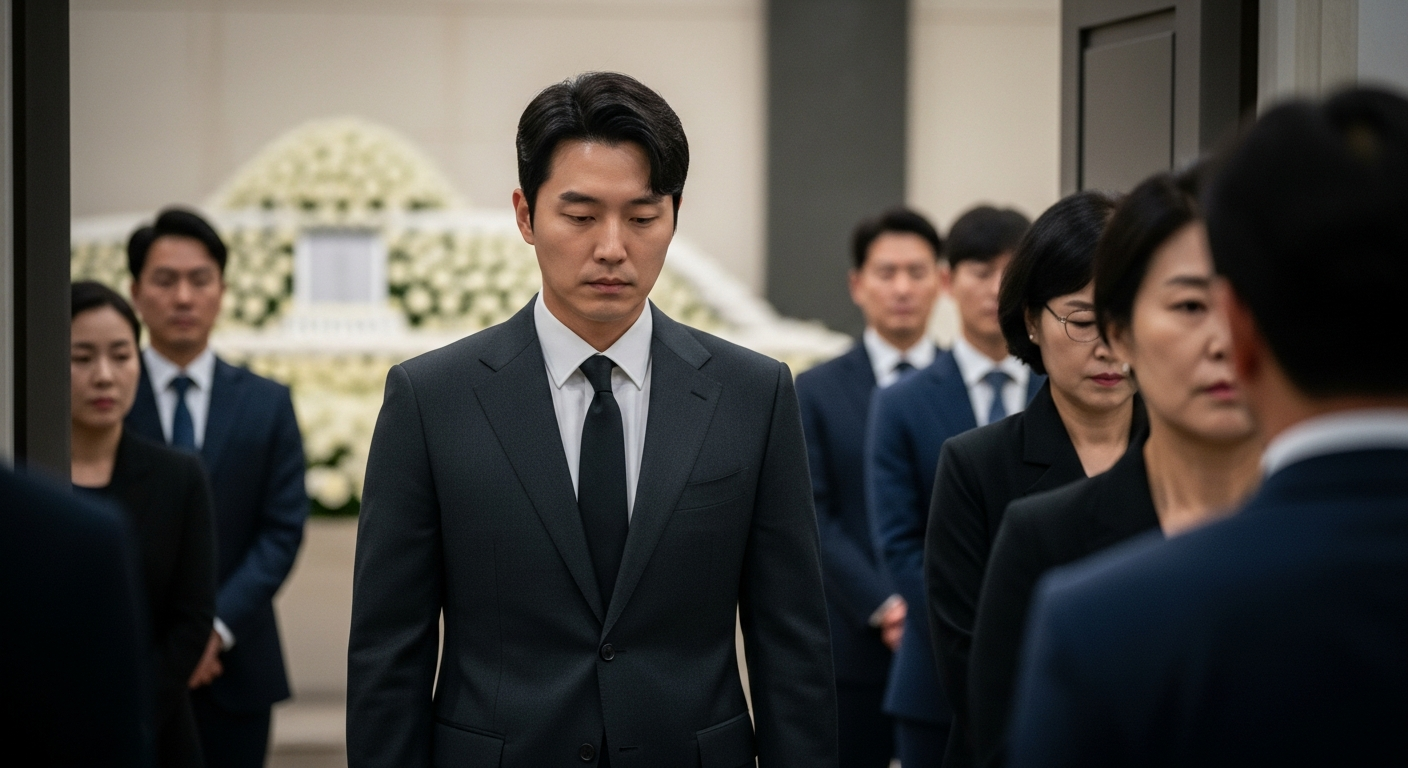 단정한 검은색 정장 차림의 남성 조문객이 엄숙한 분위기의 장례식장으로 들어서고 있는 모습 - 가효상조 장례 가이드 남자 조문 복장, 이렇게 입어야 예의입니다 (필수 가이드)