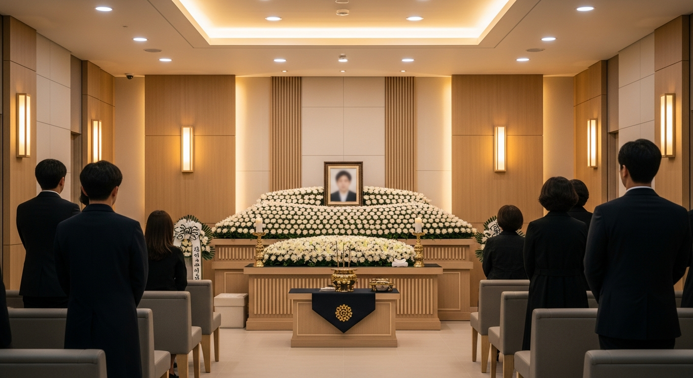 현대적이고 차분하며 정돈된 분위기의 한국 장례식장 내부 모습. 현대적인 2026년 한국 남녀가 단정한 복장으로 배경에 참석해 조용한 품격을 느끼게 하는 모습. - 가효상조 장례 가이드 3일장 장례 비용 평균, 이것만 알면 100만원부터 1000만원까지 총정리