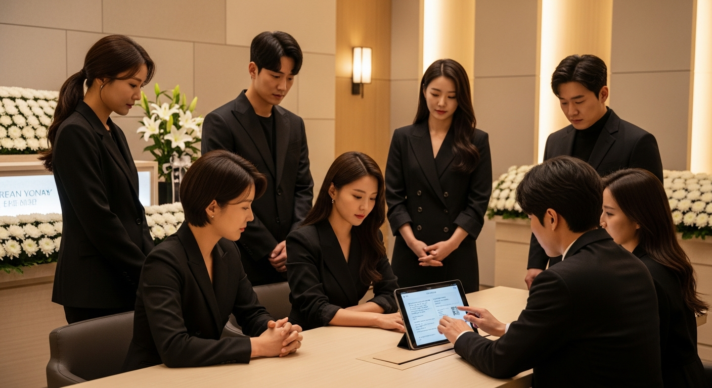현대적인 장례식장에서 디지털 기기를 통해 조의를 표하는 소규모의 현대 한국인 가족 모습 - 가효상조 장례 가이드 빈소 없는 장례: 절차, 비용, 팁 완벽 가이드 (2026년 최신 정보)
