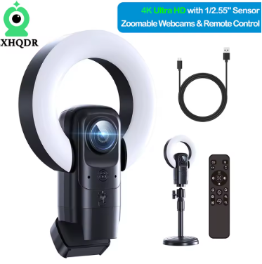 4K Streaming Webcam with AI Autofocus, Ring Light, Mic, Remote, USB Plug and Play