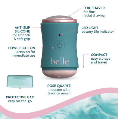 Belle Womens Electric Facial Shaver, Rechargeable, Rose Quartz Massager, with 2 Dermaplaning Razors 1