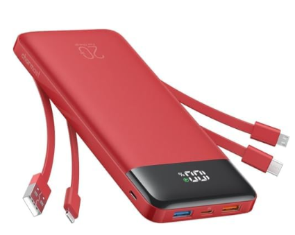charmast 20000mAh Portable Charger with Built in Cables, 22.5W Travel Power Bank Fast Charging, USB C Cell Phone Battery Pack for all type of phones