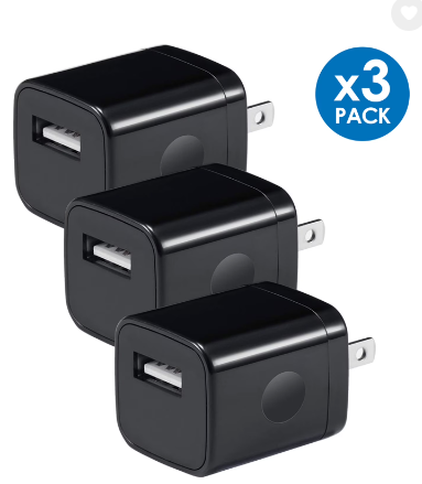 Wall Charger Cube,1A/5V Single Port USB Wall Plug / 3 Pack Travel Black Charging Block Box Adapter for all mobiles phones
