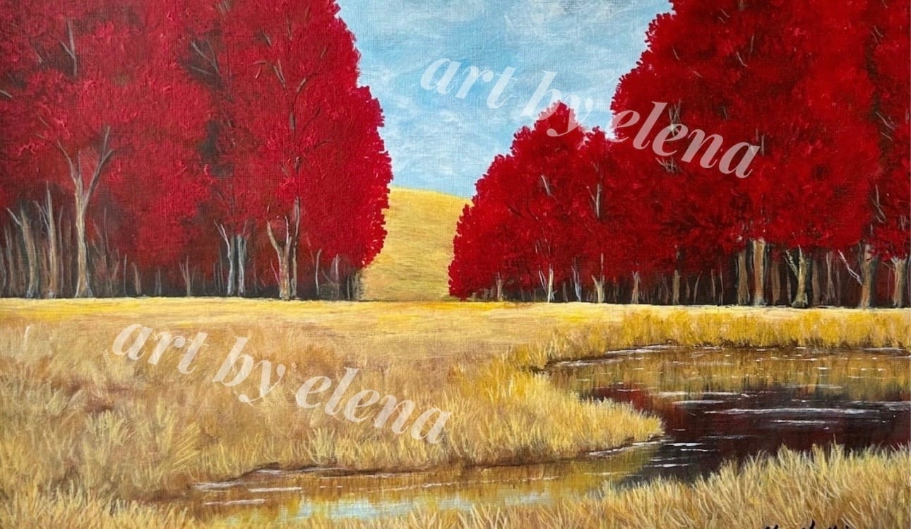 Red Leaf Trees By The Pond