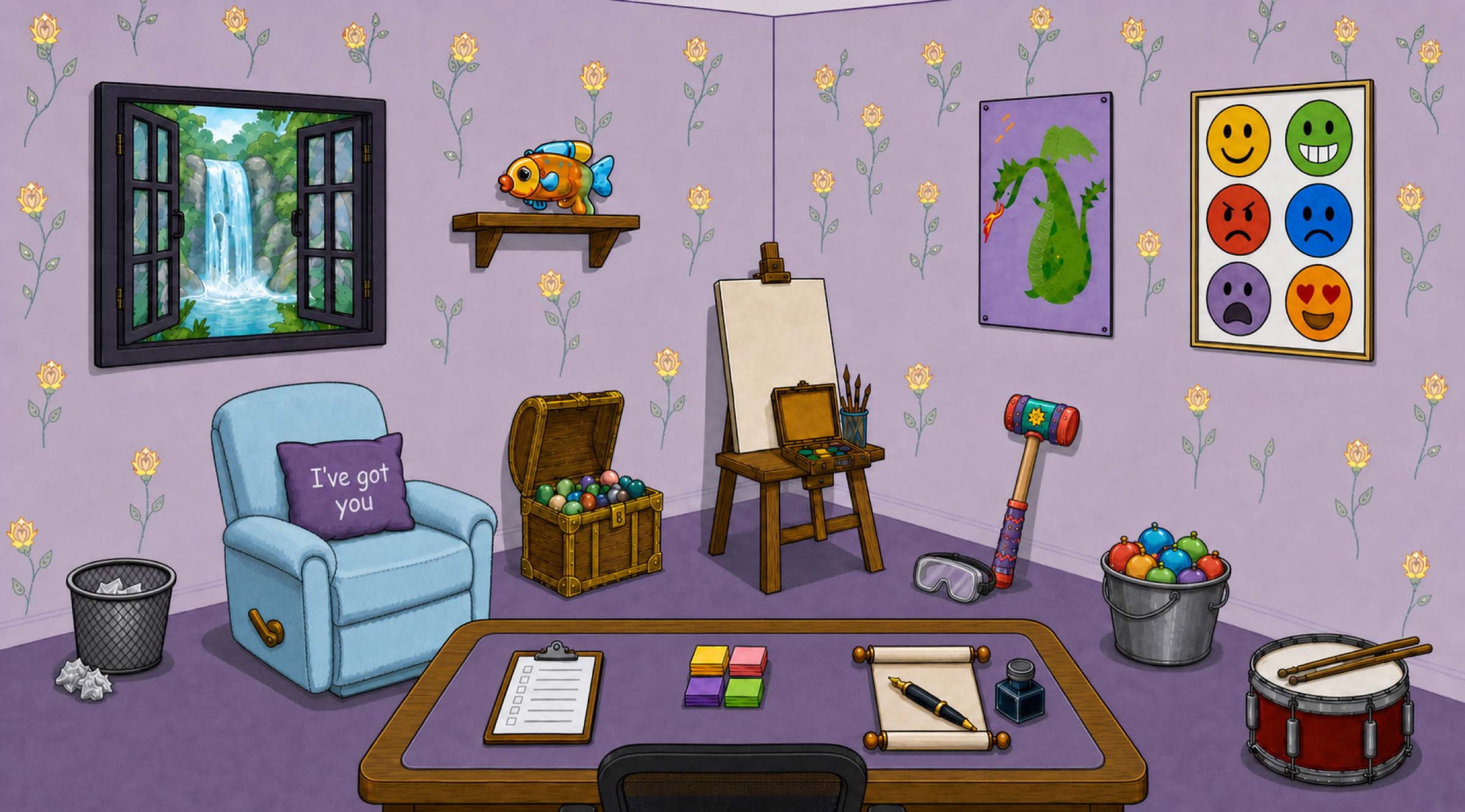 A cozy office room. Click an object to open a tool.