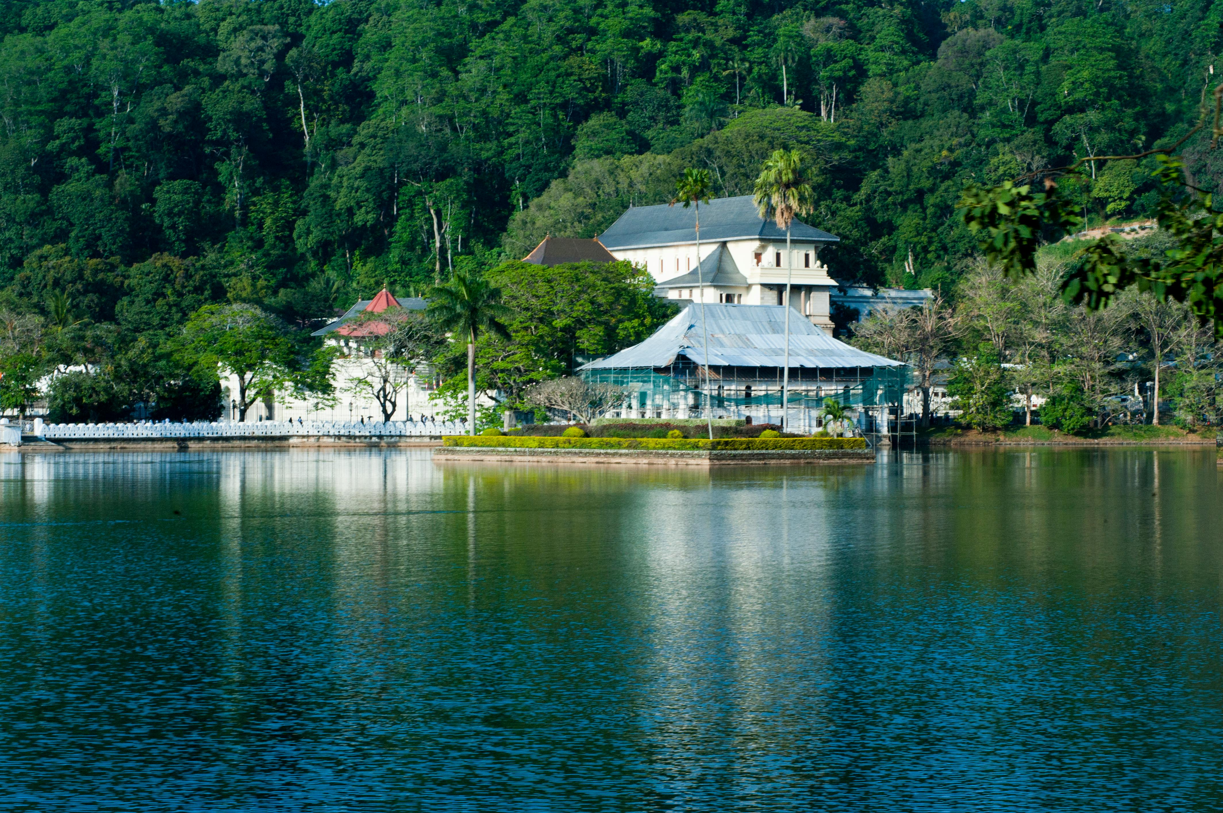 Kandy Lake with Temple of the Tooth in distance, surrounded by lush green trees.