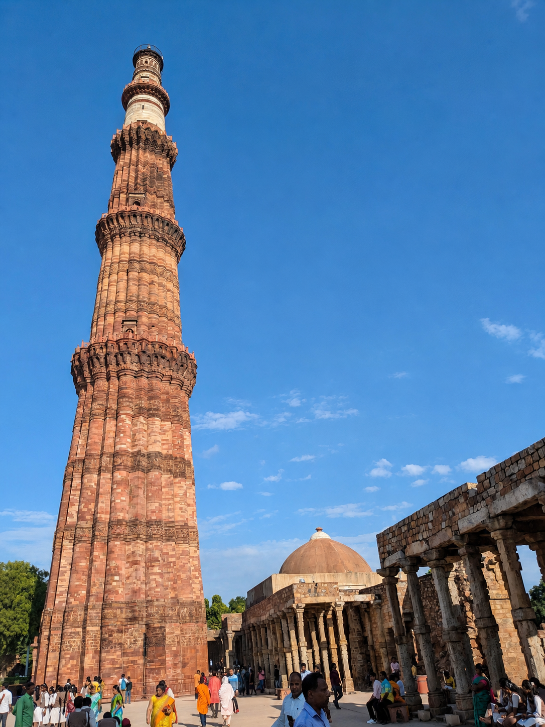 Qutb Minar rising above the surrounding stone arcades