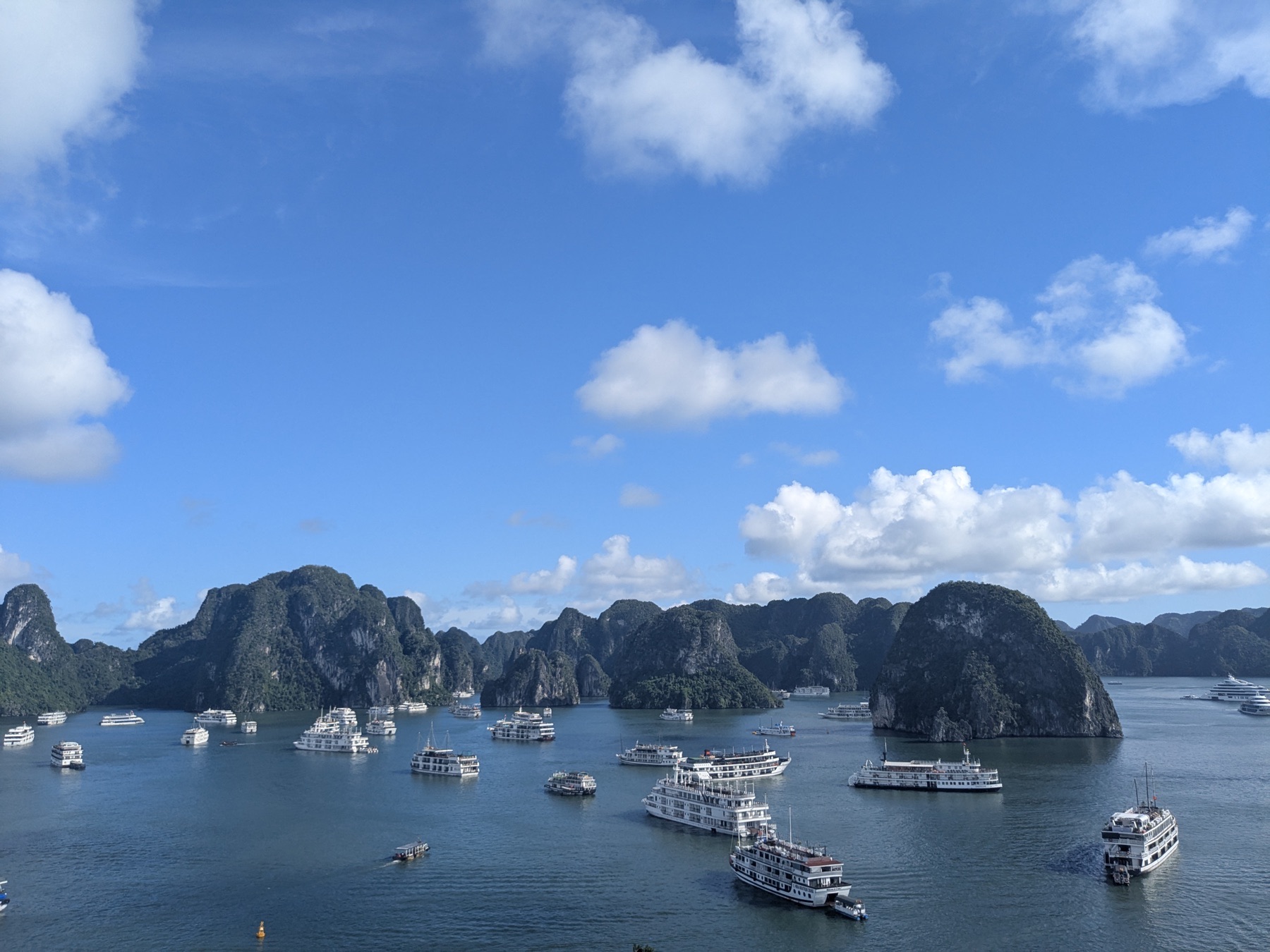 A high view across clustered limestone islands