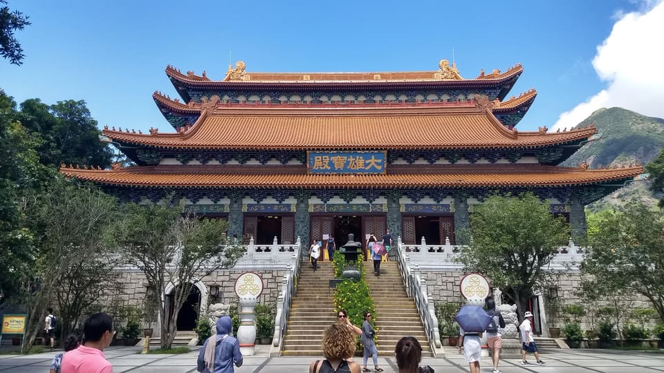 Ornate courtyard buildings at Po Lin Monastery on Lantau Island