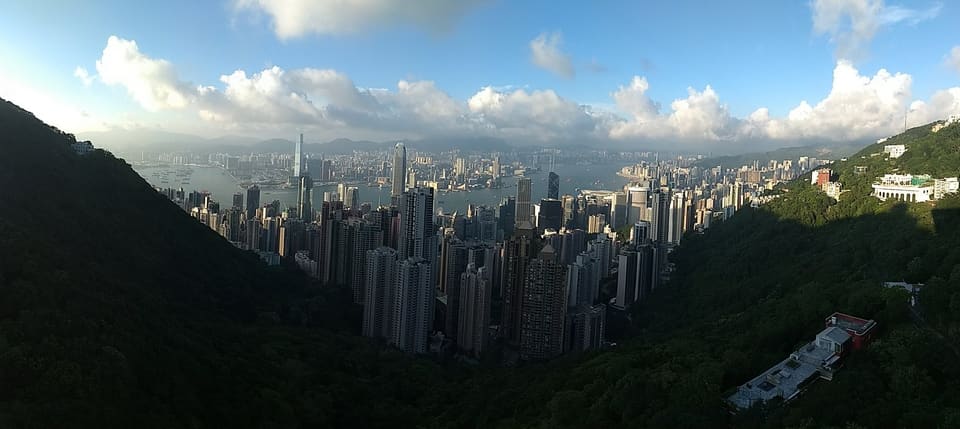 Hong Kong's dense skyline seen from a green hillside at The Peak