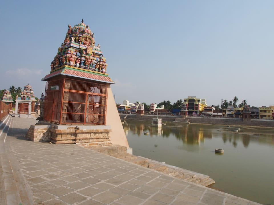 Colourful temple gopuram rising above Kumbakonam