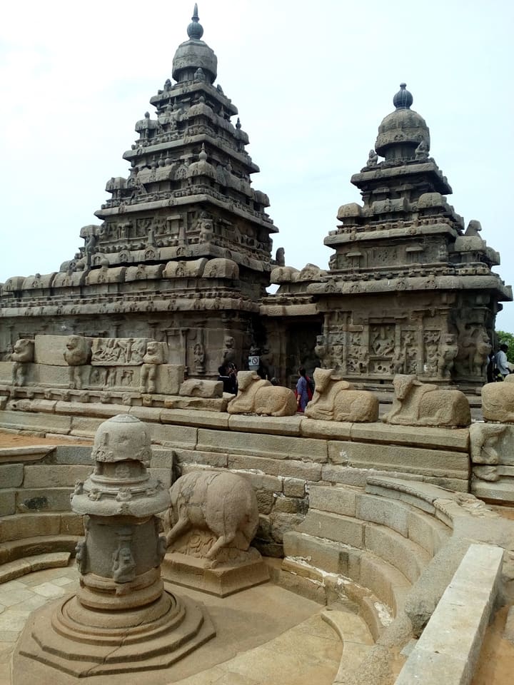 Shore Temple rising above the coastal landscape at Mahabalipuram