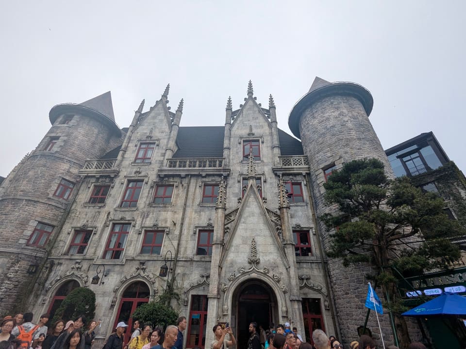 Stone buildings and towers in the French Village at Ba Na Hills