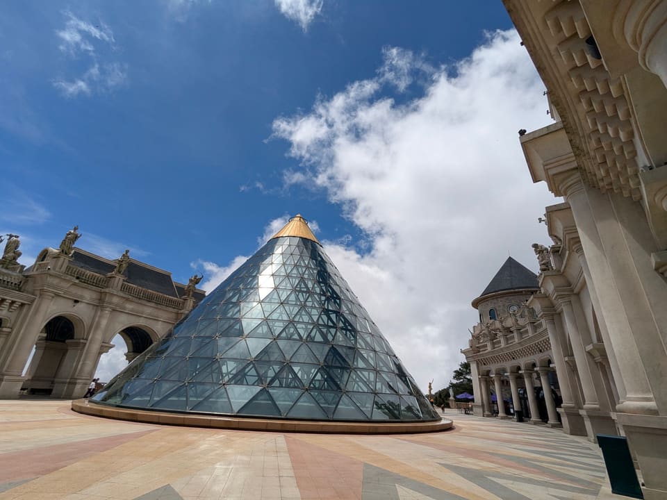 European-style plaza and glass pyramid at Ba Na Hills