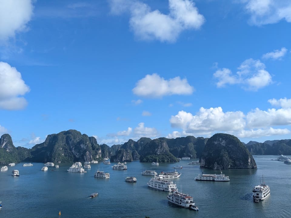 Boats scattered among limestone islands seen from a high overlook