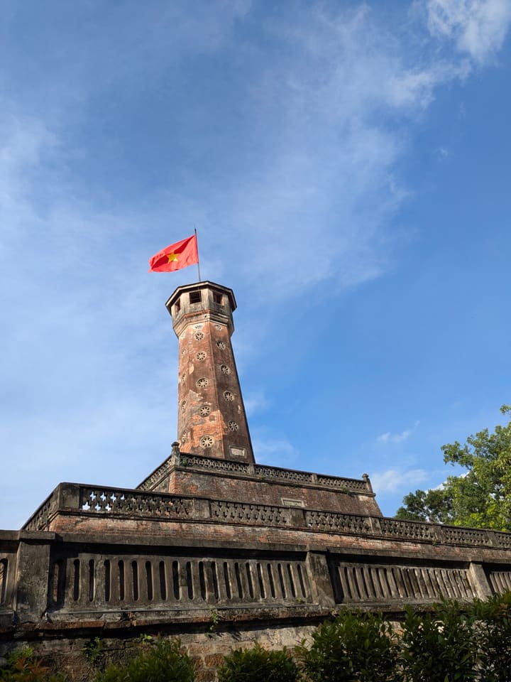 Vietnamese flag flying above the Flag Tower of Hanoi