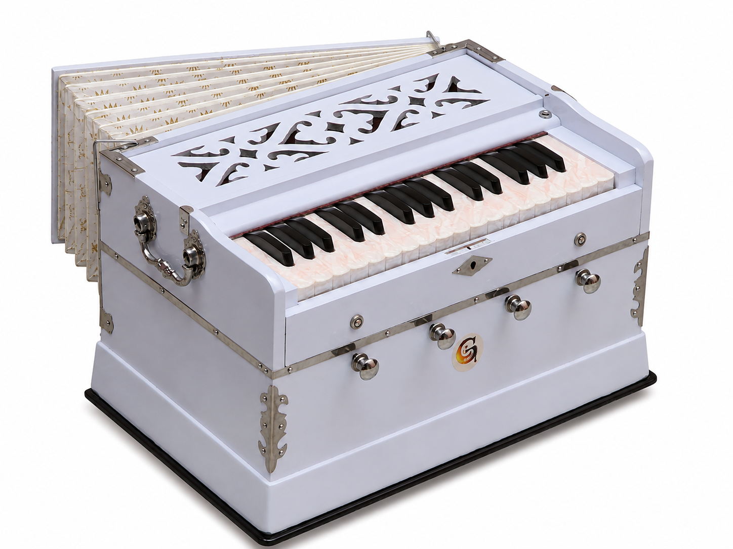 White Harmonium 32 Keys 4 Stops Bass Male Reeds 440Hz Indian Handmade with Carry Bag Bhajan, Kirtan, Yoga, Mantra, Chant — image 4