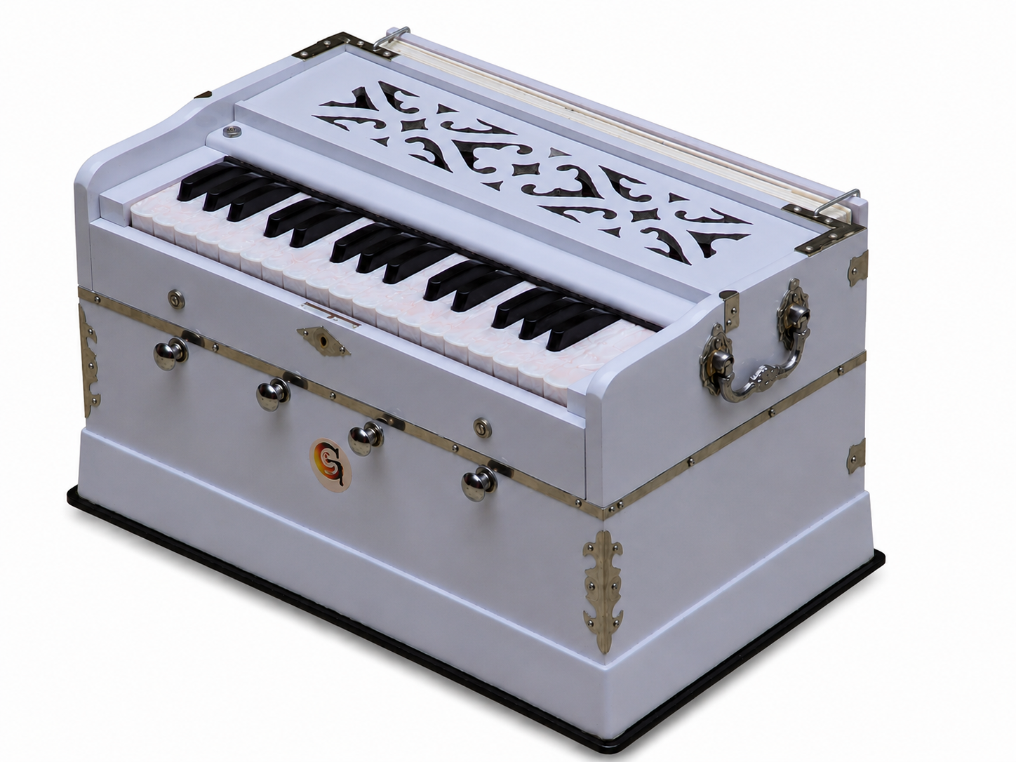 White Harmonium 32 Keys 4 Stops Bass Male Reeds 440Hz Indian Handmade with Carry Bag Bhajan, Kirtan, Yoga, Mantra, Chant — image 7