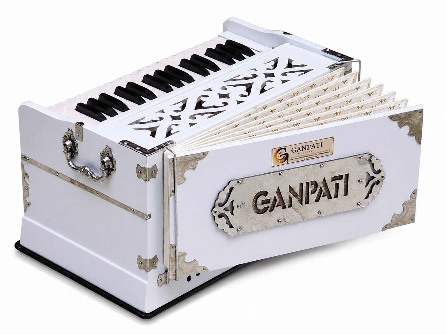 White Harmonium 32 Keys 4 Stops Bass Male Reeds 440Hz Indian Handmade with Carry Bag Bhajan, Kirtan, Yoga, Mantra, Chant — image 3