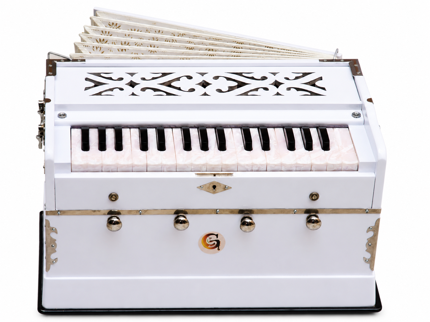 White Harmonium 32 Keys 4 Stops Bass Male Reeds 440Hz Indian Handmade with Carry Bag Bhajan, Kirtan, Yoga, Mantra, Chant — image 12