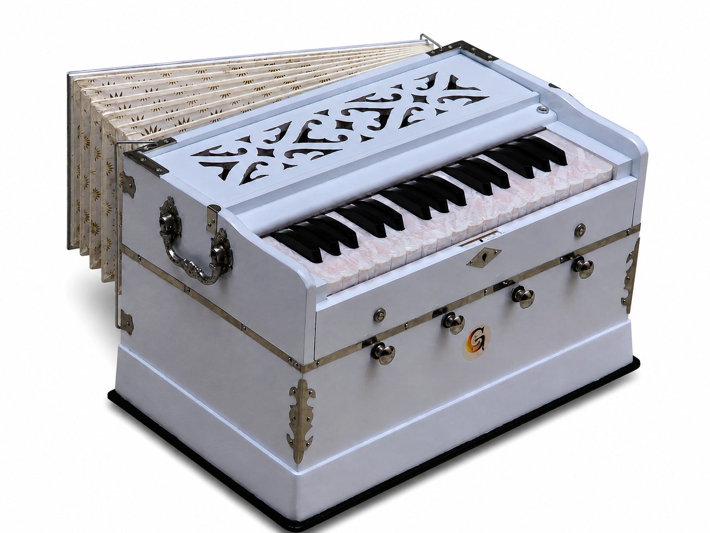 White Harmonium 32 Keys 4 Stops Bass Male Reeds 440Hz Indian Handmade with Carry Bag Bhajan, Kirtan, Yoga, Mantra, Chant — image 10