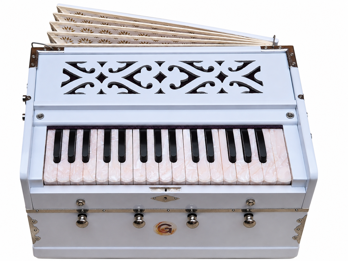 White Harmonium 32 Keys 4 Stops Bass Male Reeds 440Hz Indian Handmade with Carry Bag Bhajan, Kirtan, Yoga, Mantra, Chant — image 6