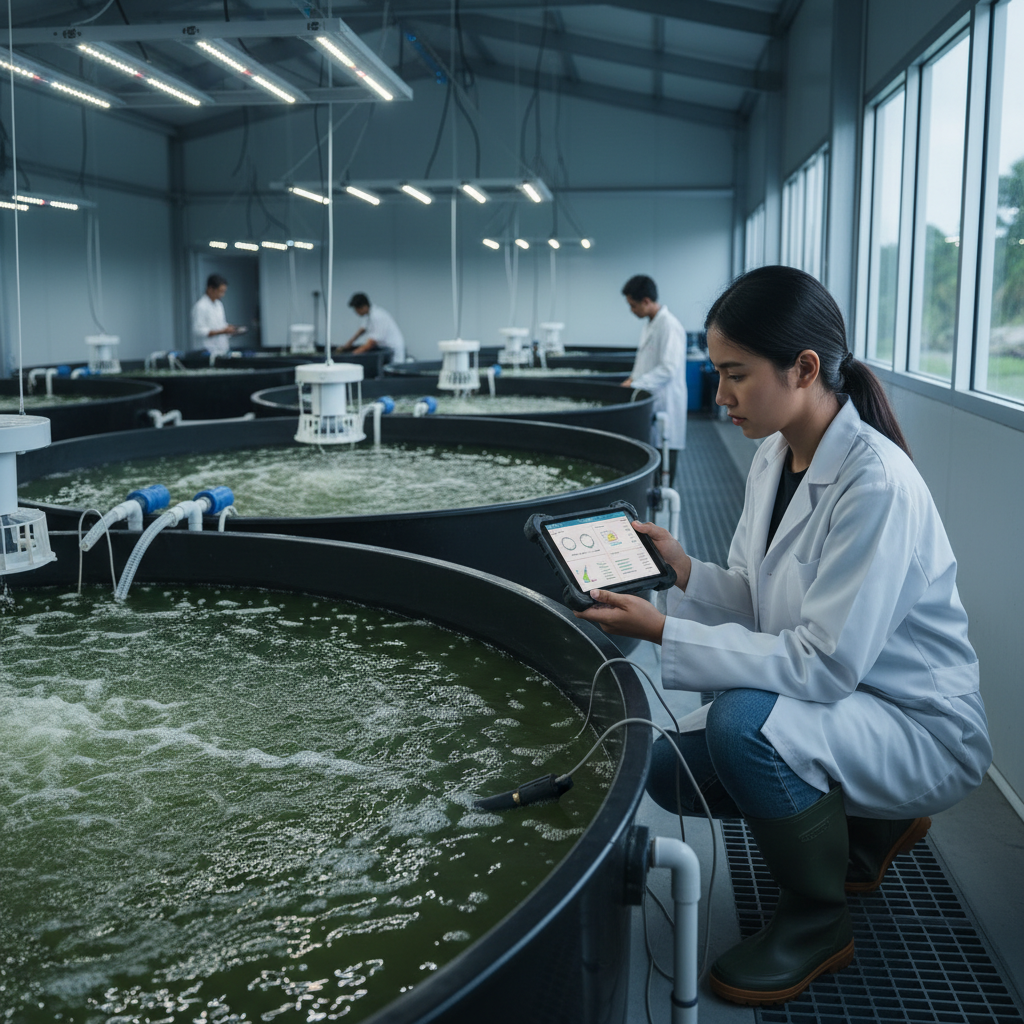 Seorang perempuan muda Indonesia menggunakan tablet untuk memantau kualitas air di peternakan ikan dalam ruangan modern dengan tangki bioflok