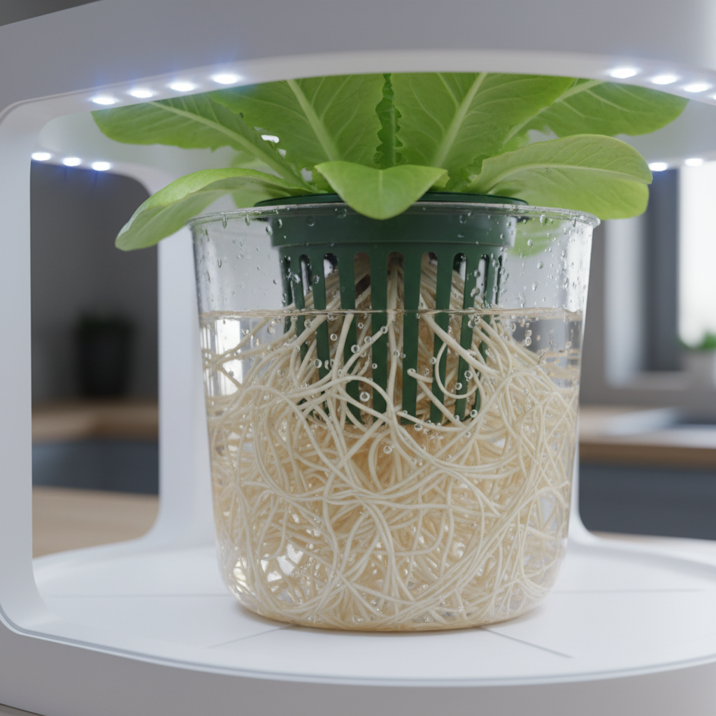 close-up shot of healthy lettuce roots growing in a net pot within a home hydroponics system, showing clean water and nutrient solution
