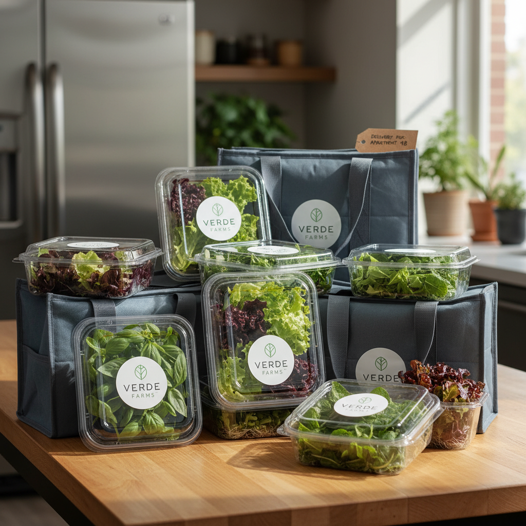 beautifully packaged fresh hydroponic salads and herbs with a minimalist brand logo, ready for delivery to customers