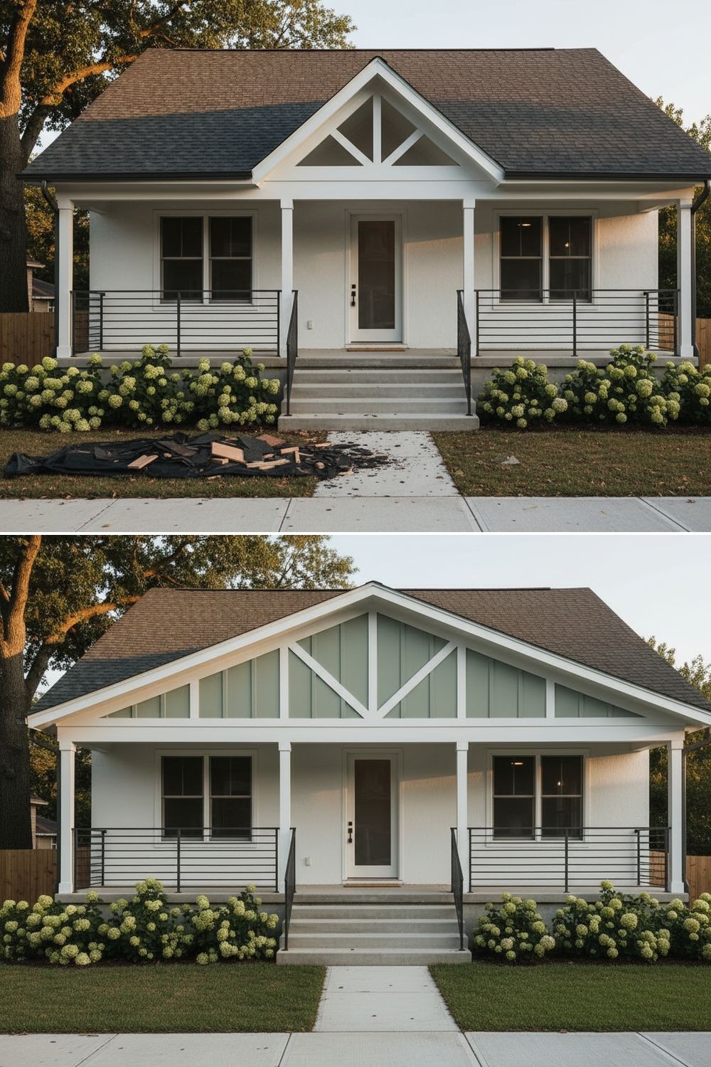 Before and after showing a home with a disproportionately small porch gable updated to a properly scaled entry roof.