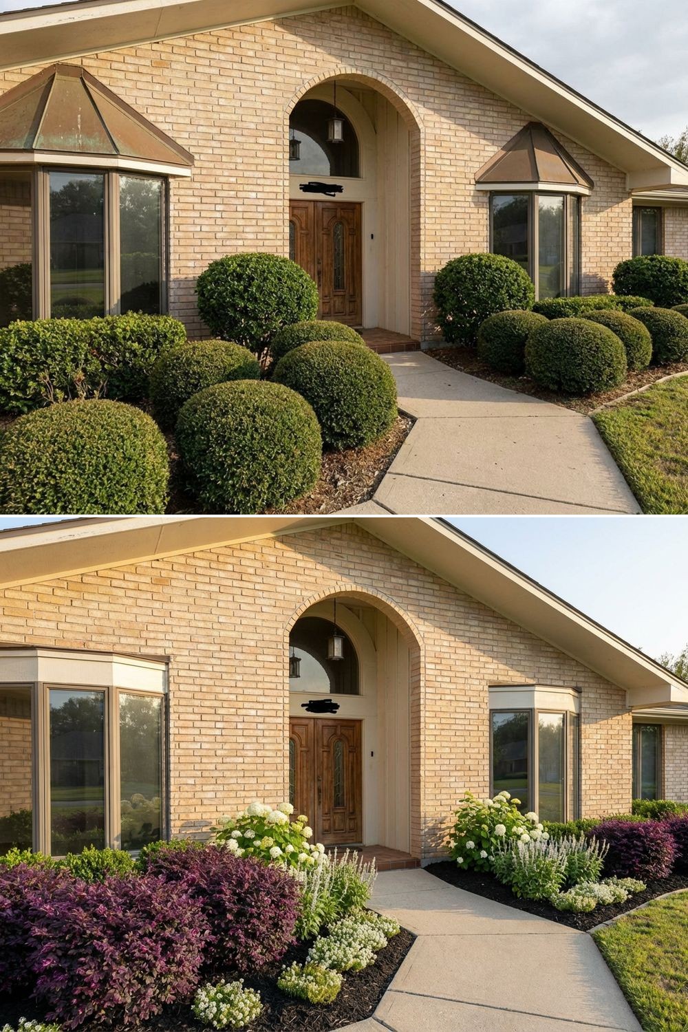A beige brick house showing how removing overgrown, meatball-shaped shrubs and replacing them with layered landscaping modernizes the exterior.
