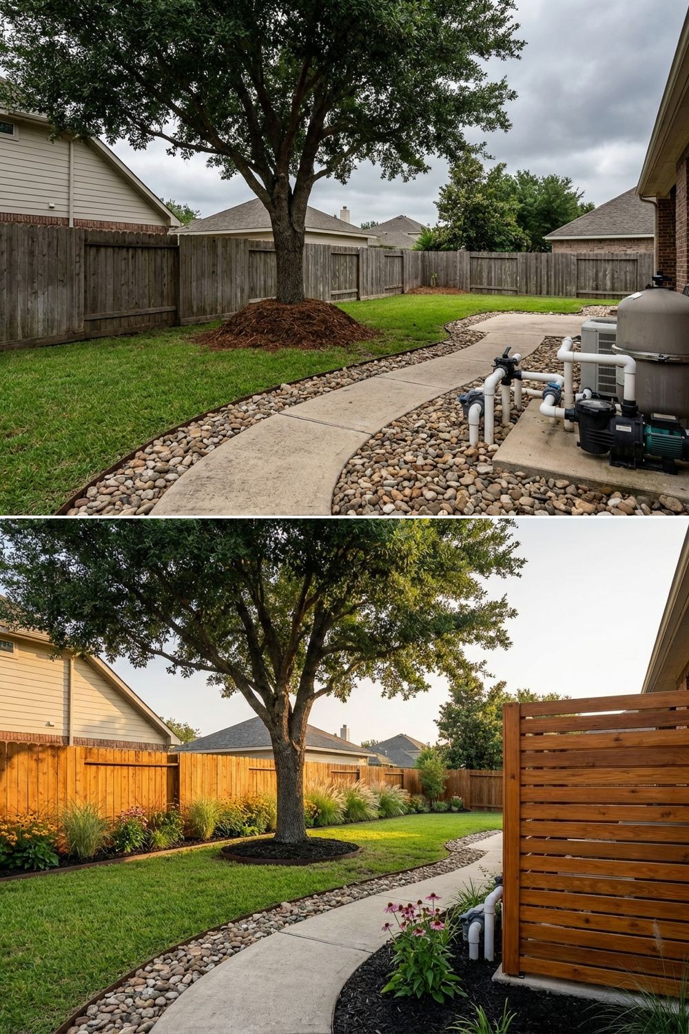 Exposed pool equipment and pumps in a side yard, transformed into a neatly screened utility zone with slatted fencing.