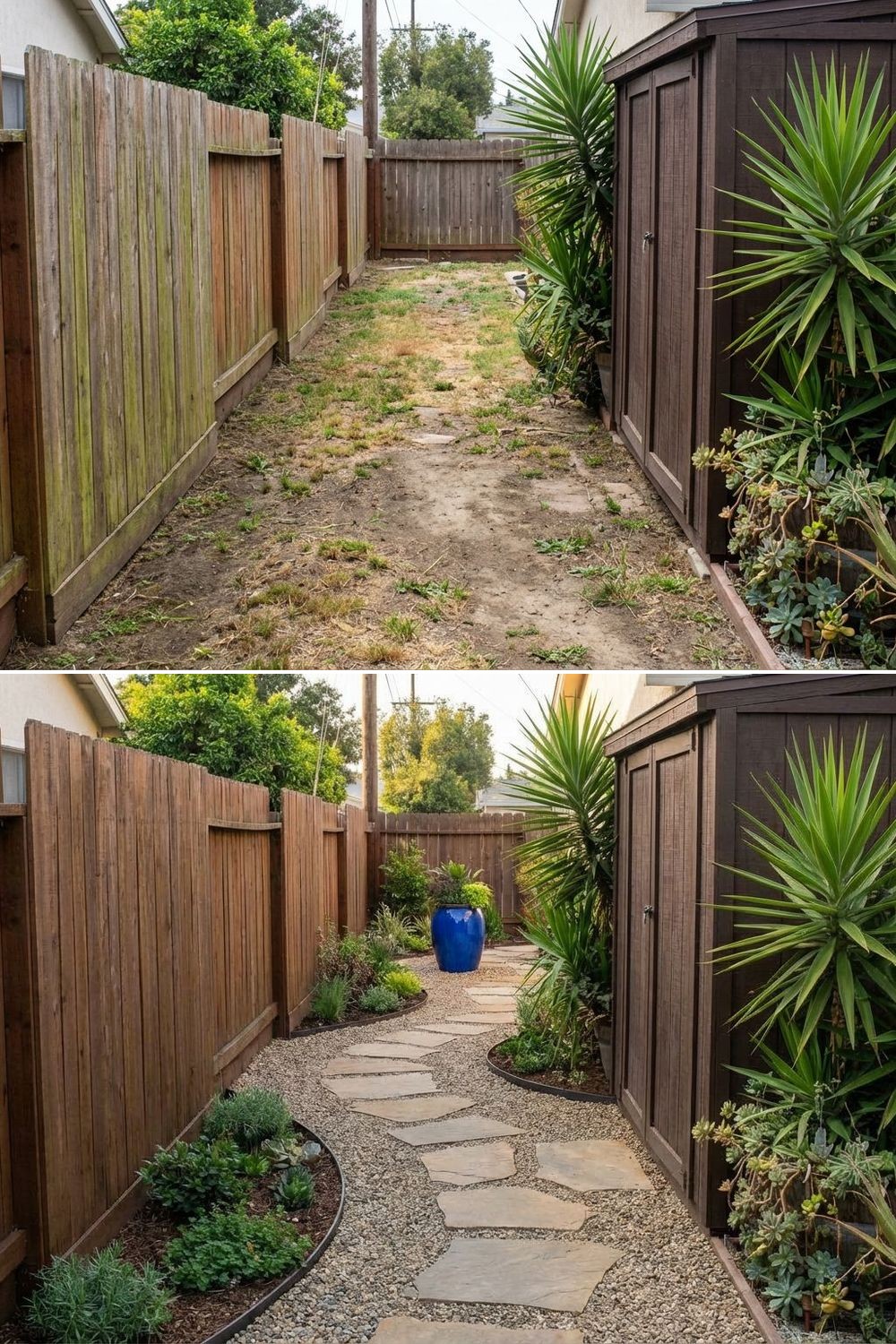 Before and after of a narrow bowling alley backyard transformed with broken sightlines.