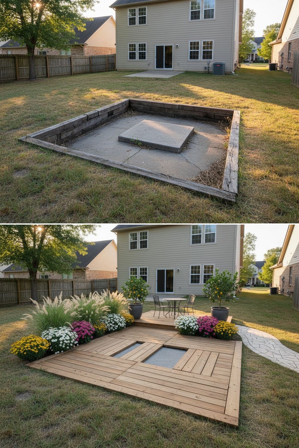 An awkward backyard corner with an exposed stormwater drain, redesigned into a cohesive, compact corner patio.