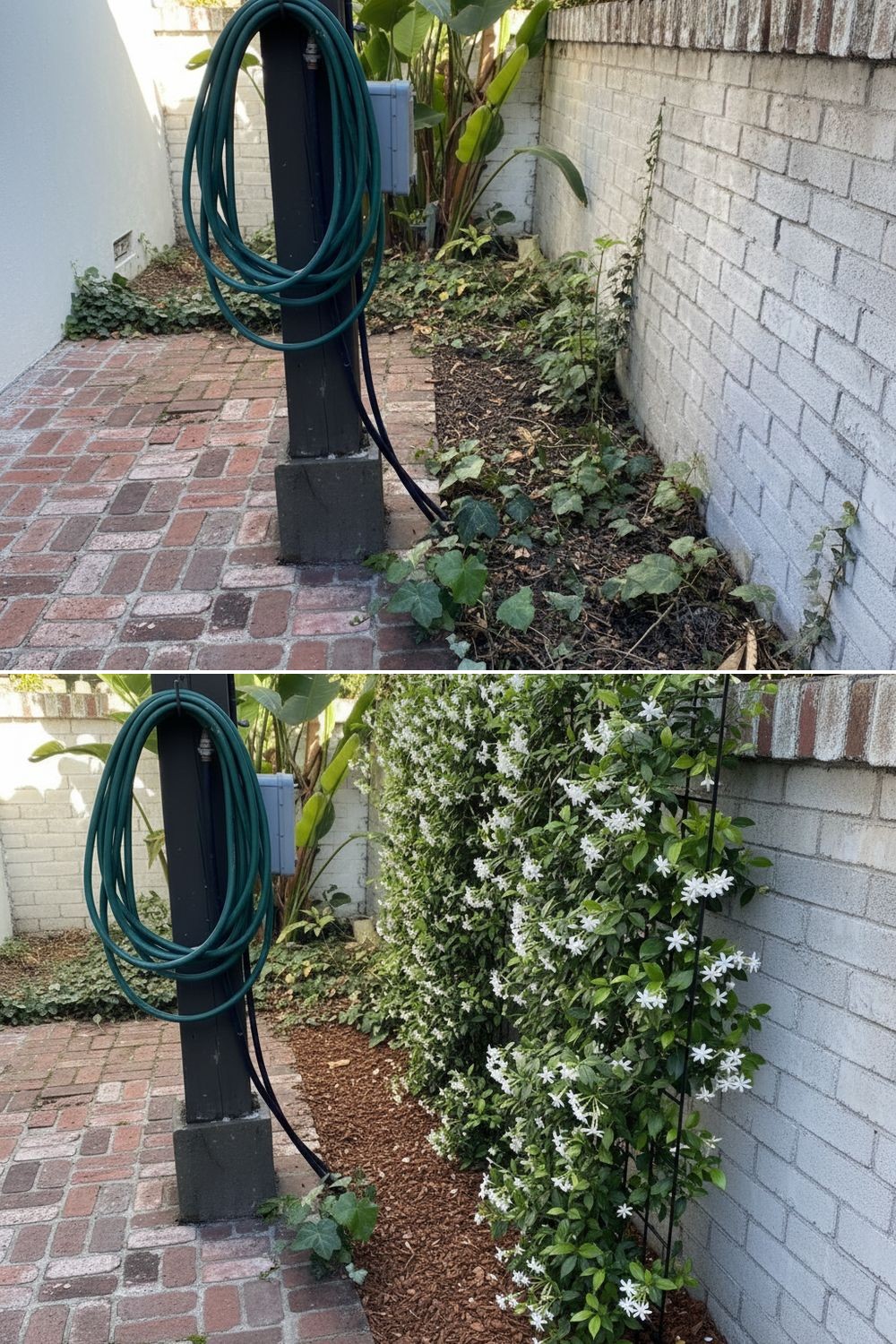 A narrow side yard with a tall, thin privacy hedge planted in a tight two-foot strip along a brick wall.