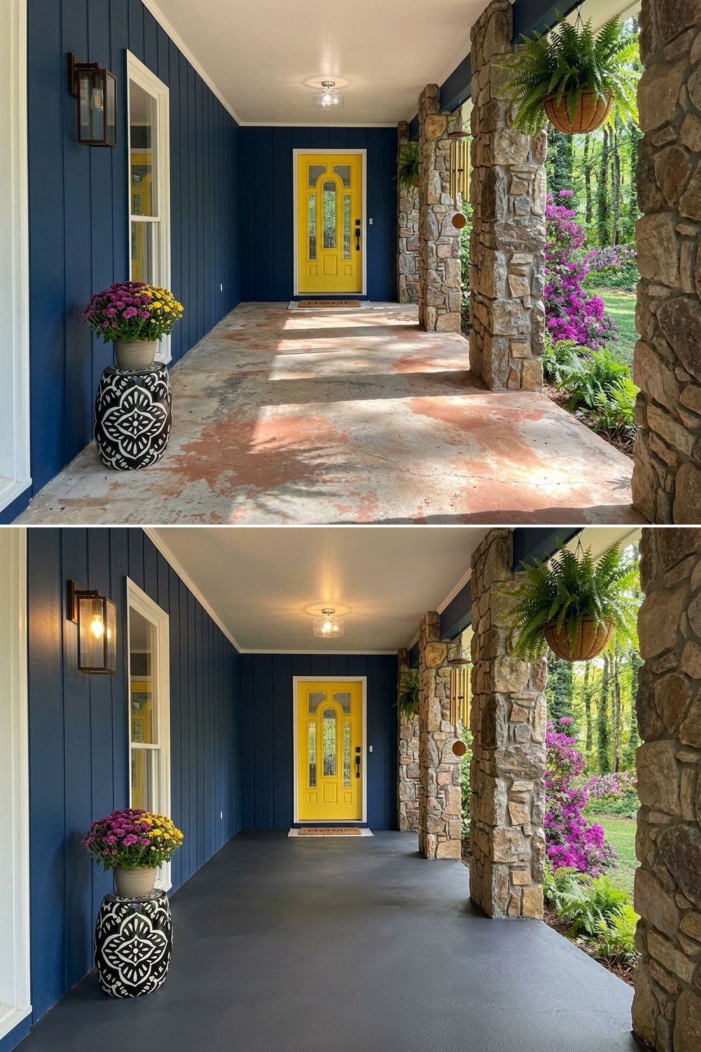 Before and after of a peeling painted concrete porch floor upgraded with a durable exterior finish.