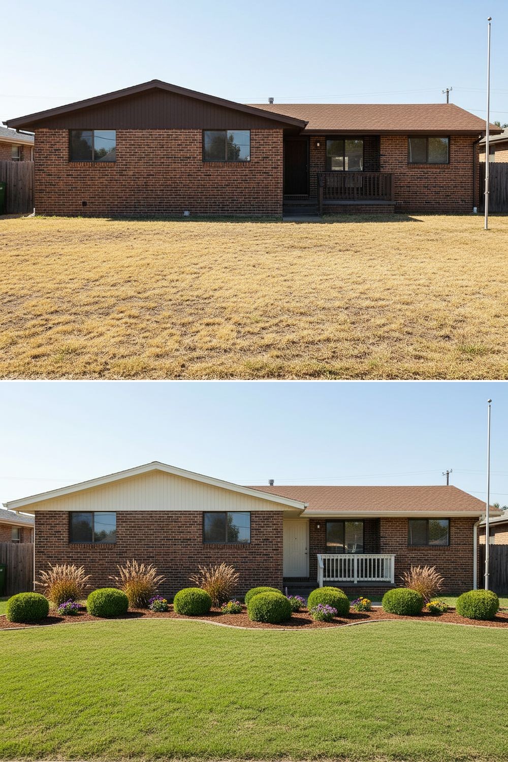 A 1970s brown brick house showing how updated, lighter trim completely changes the look of the facade without painting the brick.