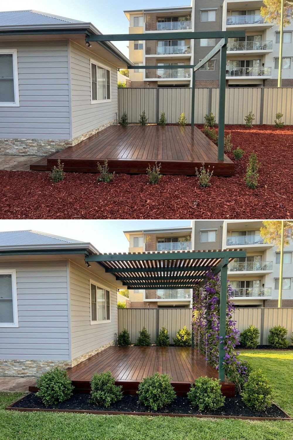 A slatted timber privacy screen built around a wooden deck to block neighborhood views while allowing airflow.