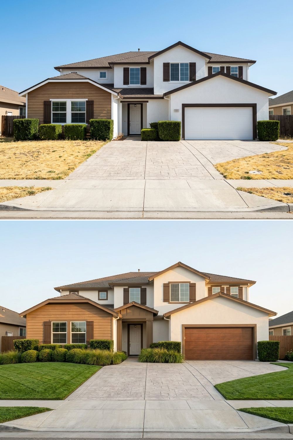 Before and after showing a dated exterior updated with a cohesive paint palette that complements the existing brick.