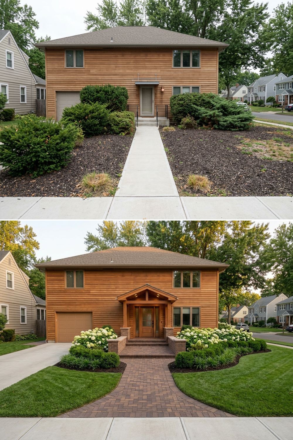 Before and after showing a narrow walkway widened to create a welcoming front entry sequence.