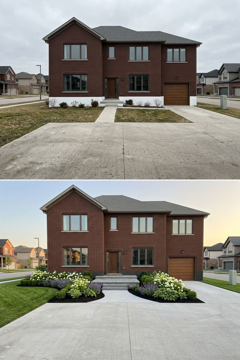 Before and after showing a house with a shallow foundation bed updated with deep, layered landscaping.
