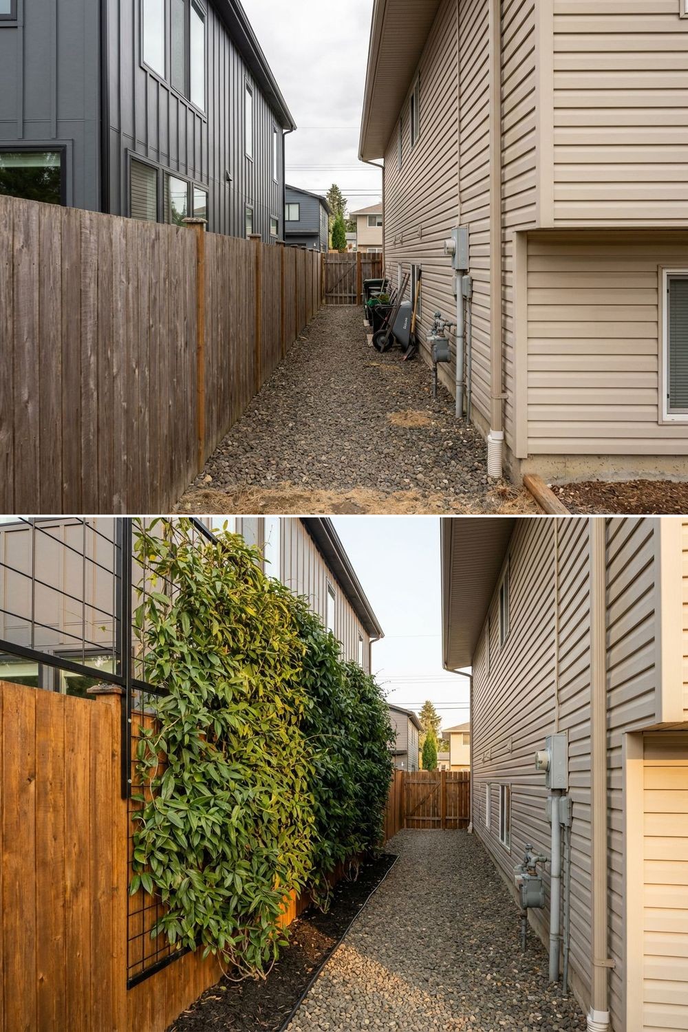A narrow 5-foot side yard gravel strip next to a wooden fence, looking up at a neighbor's intrusive second-story window.