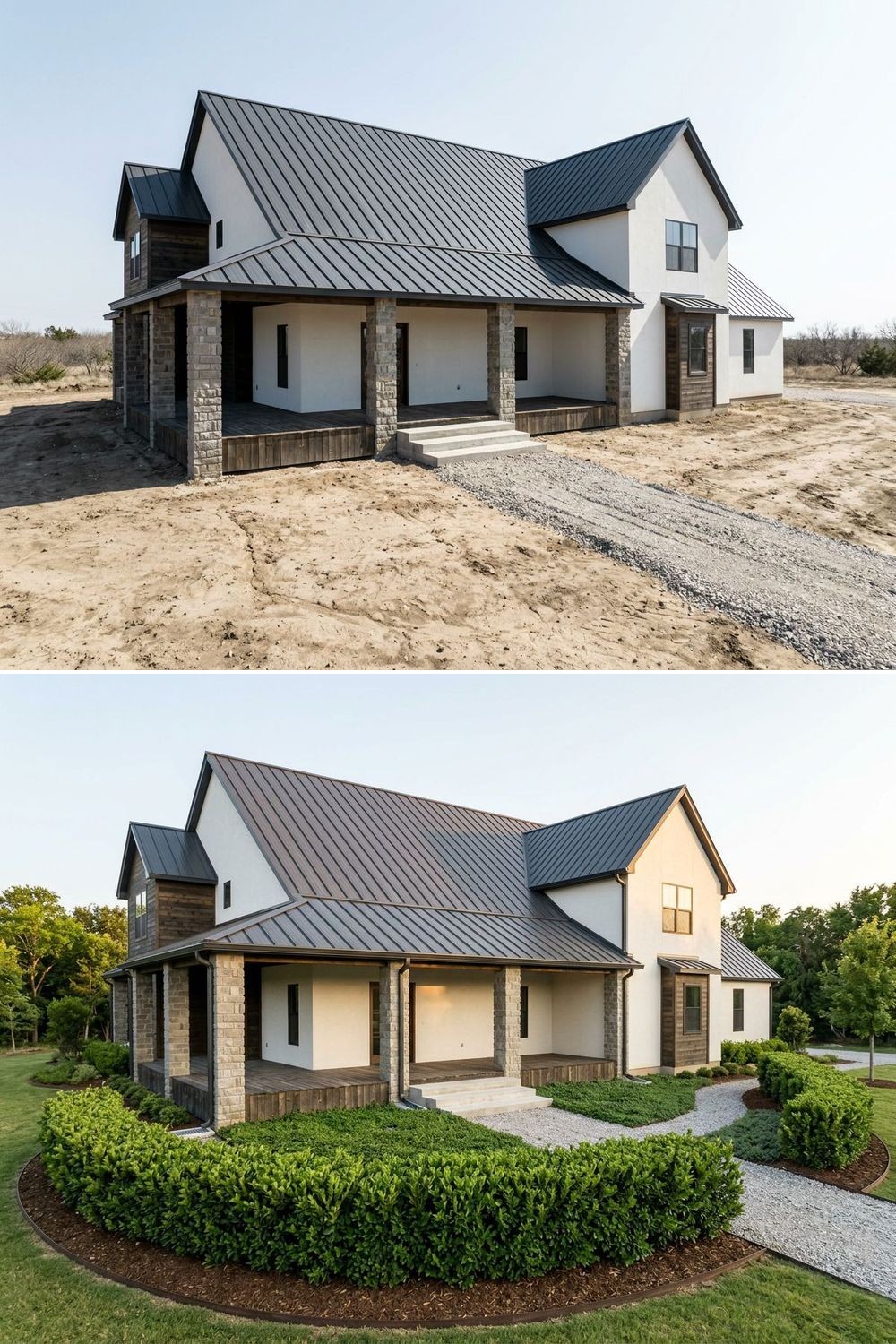 Before and after of a bare front porch exposed to the elements, transformed with layered foundation plantings that provide a natural weather buffer.