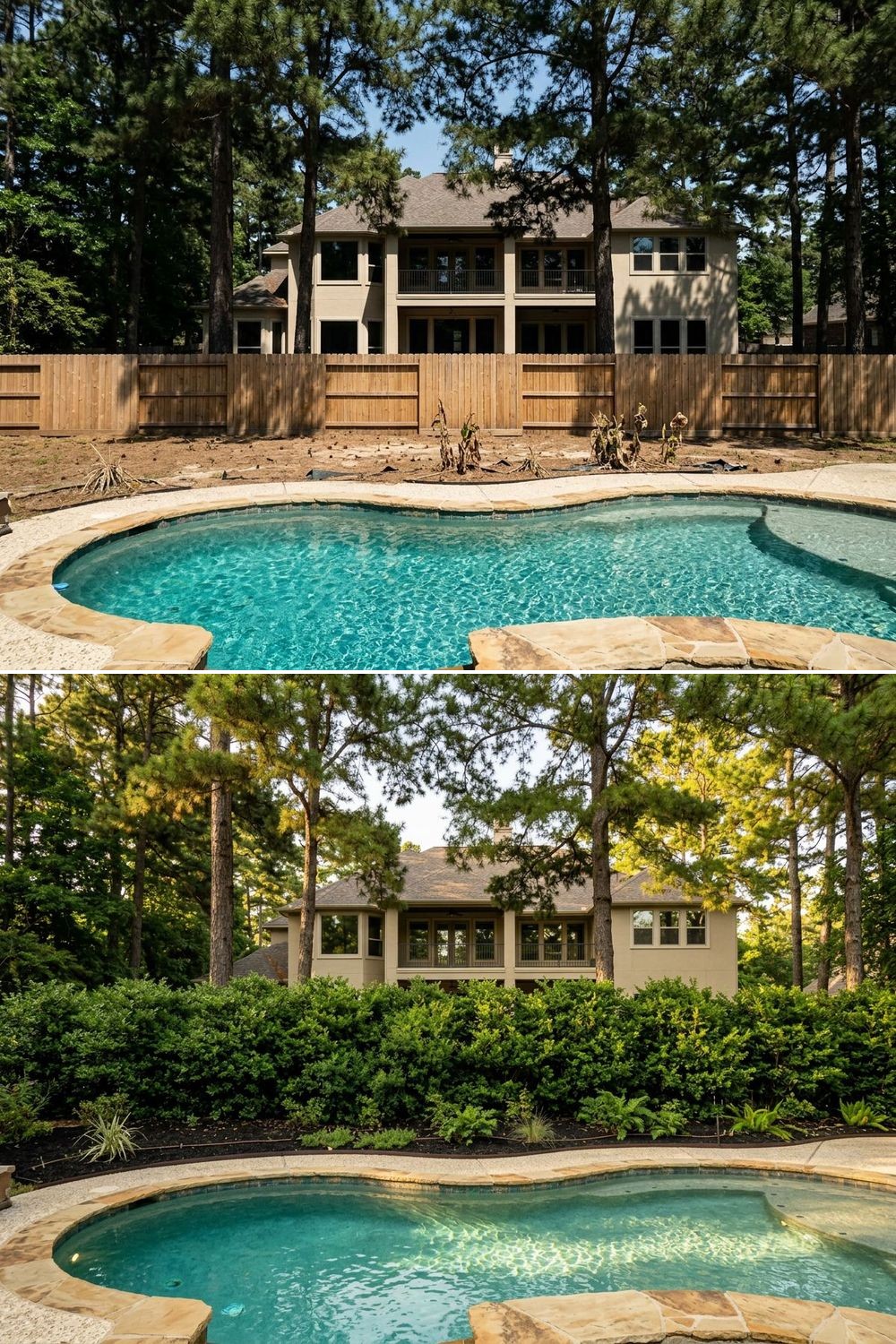 A backyard pool area with strategic mid-level screening to block second-story windows without boxing in the yard.