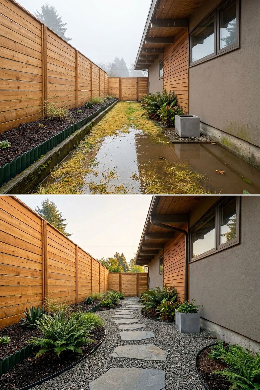 A flooded side yard next to a house foundation, contrasting with a properly graded and drained side path.