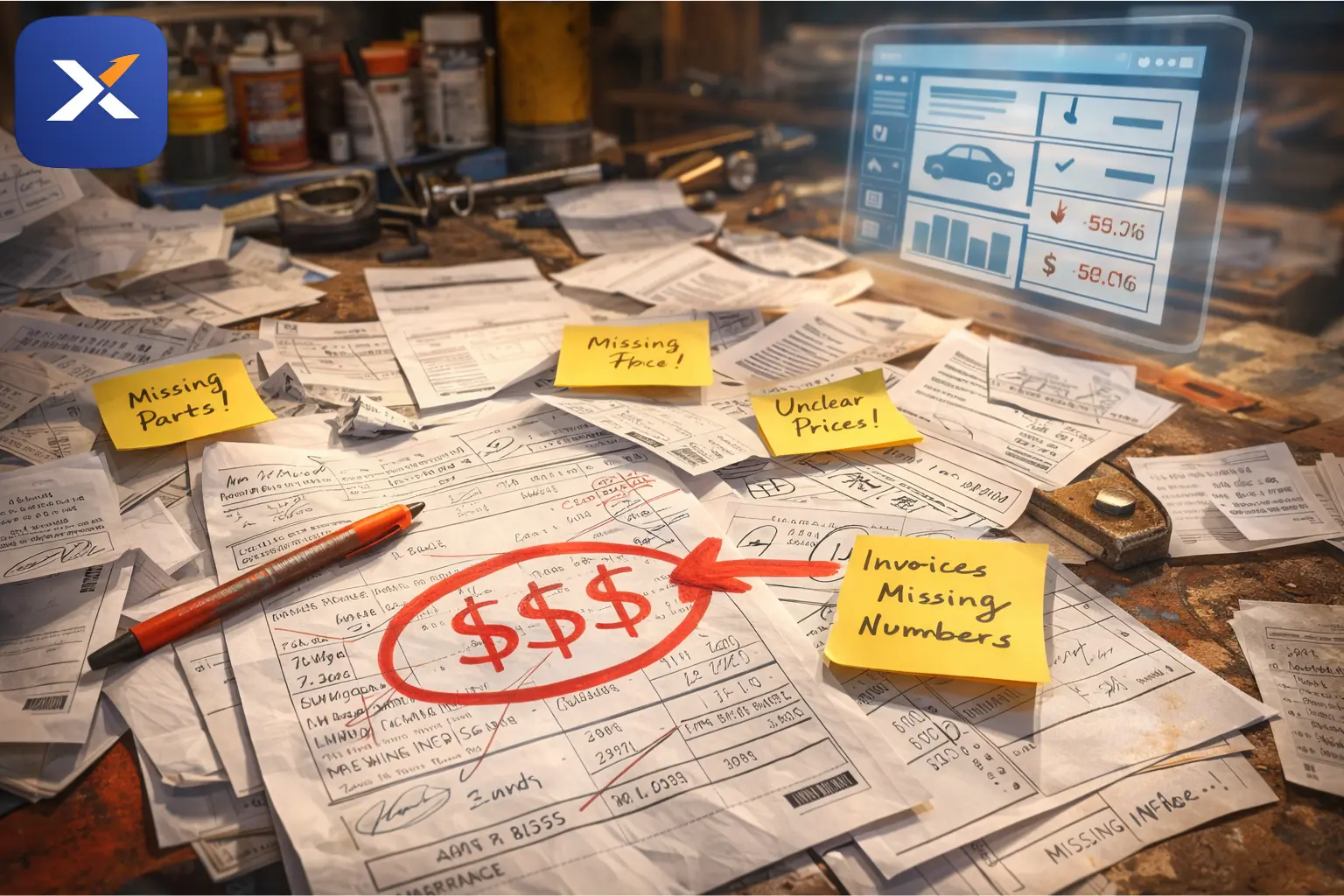 Paper invoices and handwritten work orders creating financial mistakes inside a small repair shop